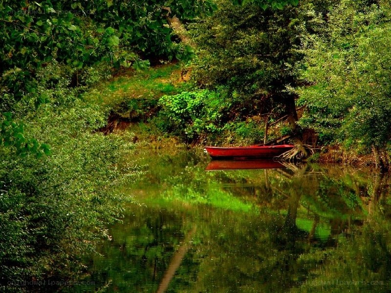 Red boat on a calm river