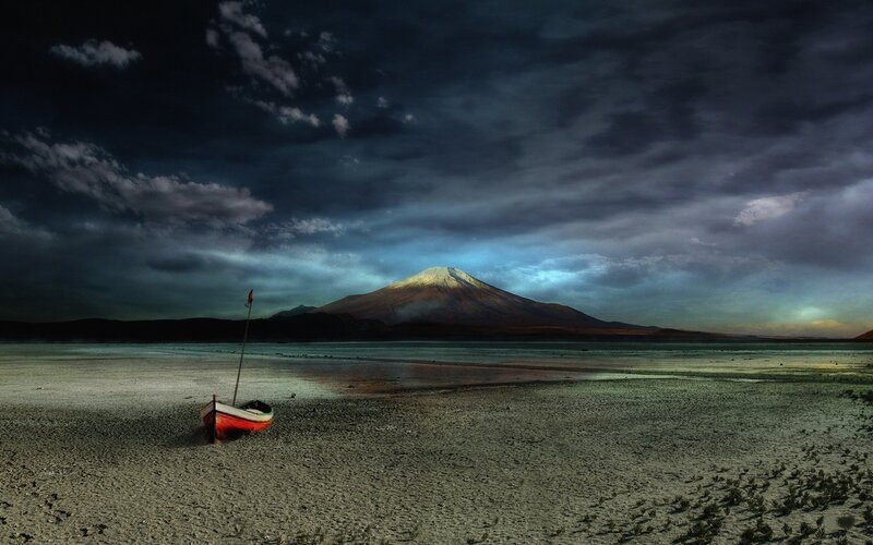 Red Boat on Beach — Dark Blue, Dramatic, Night