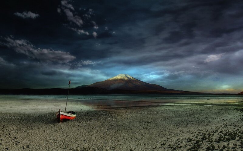 Red Boat on Beach — Dark Blue, Dramatic