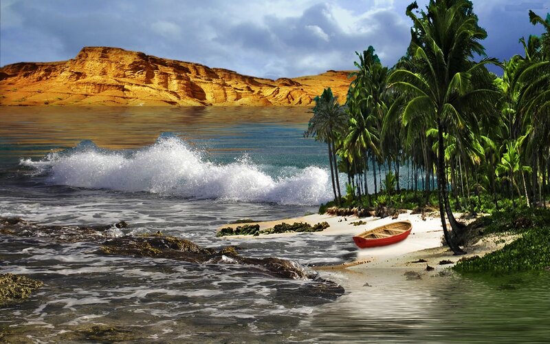 Red Boat on Beach — Green