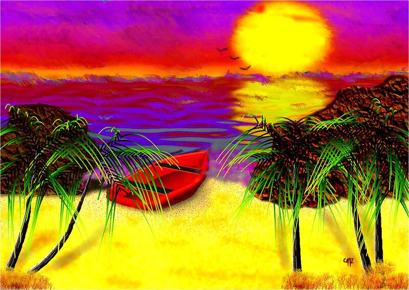 Red Boat on Beach — Yellow