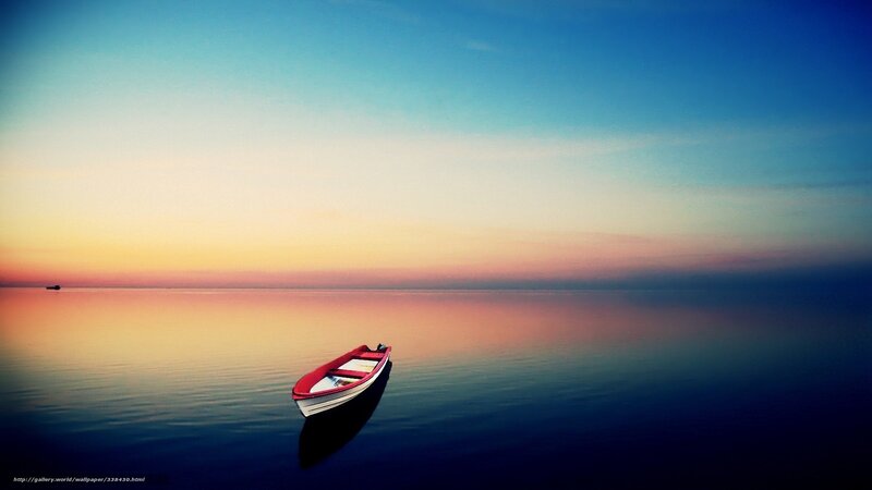 Red Boat on Calm Water — Blue, Serene