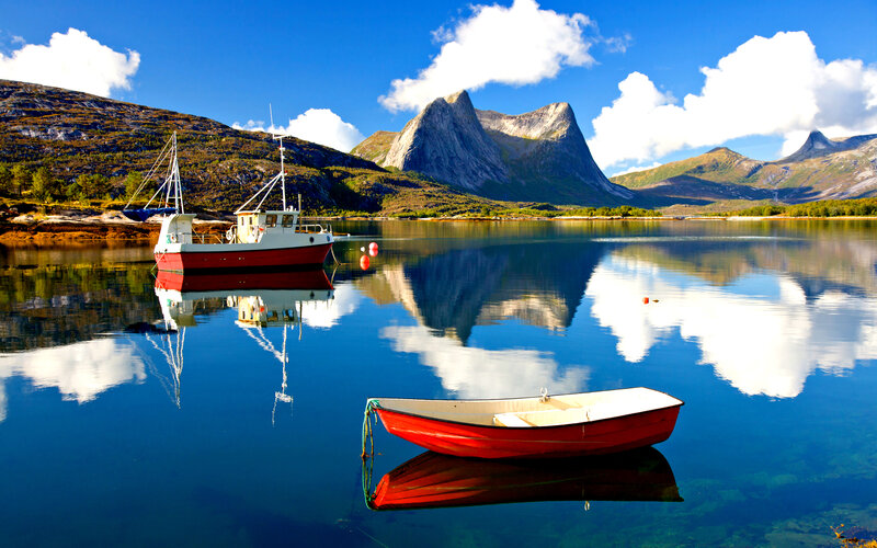 Red Boat on Calm Water — Blue