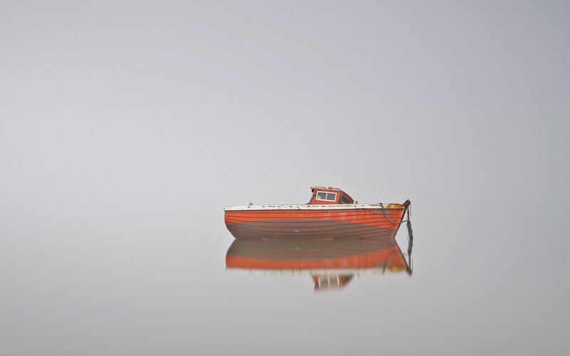 Red Boat on Calm Water — Serene