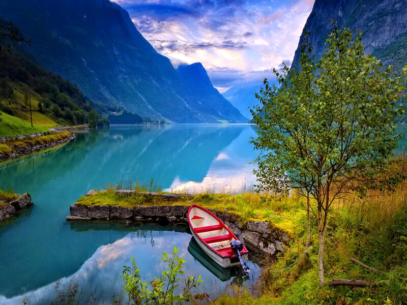 Red Boat on Fjord — Blue