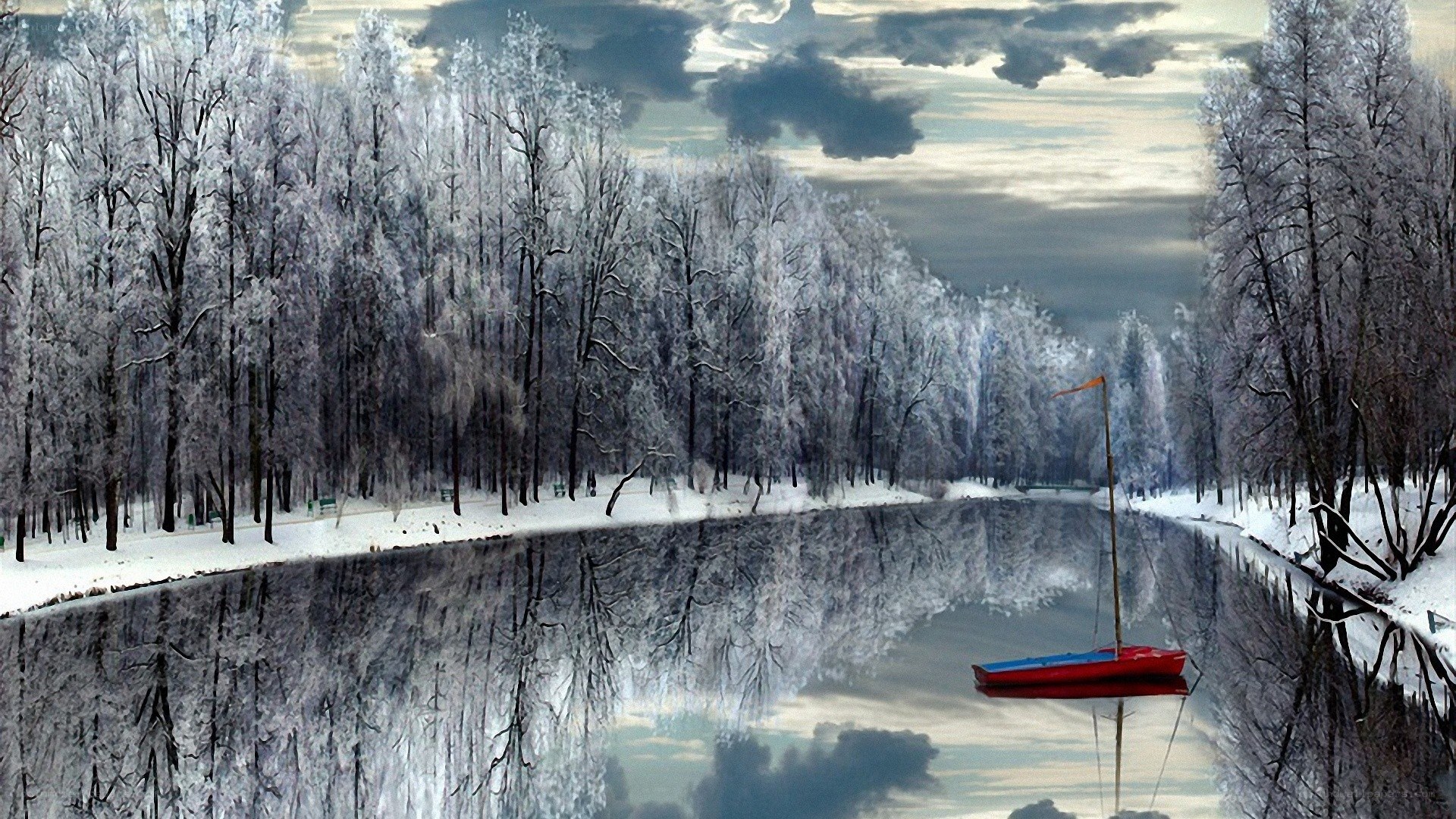 Red boat on frozen river