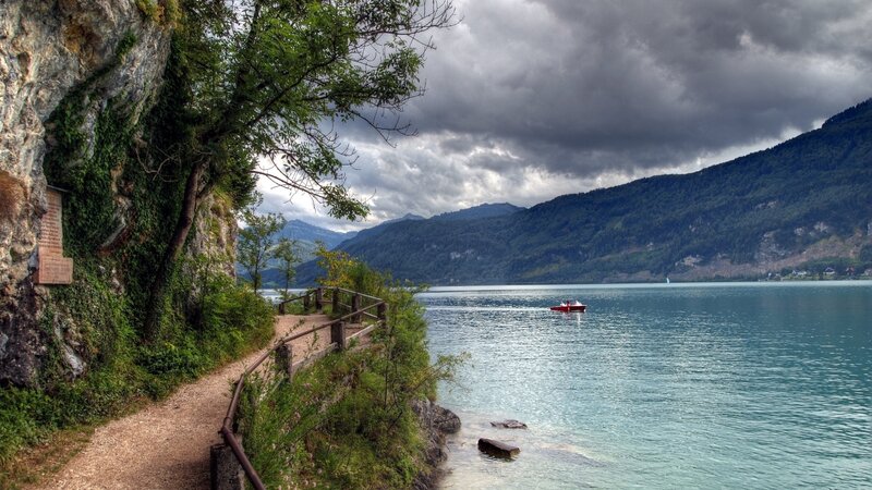 Red Boat on Lake — Blue, Dramatic, Afternoon, Photograph