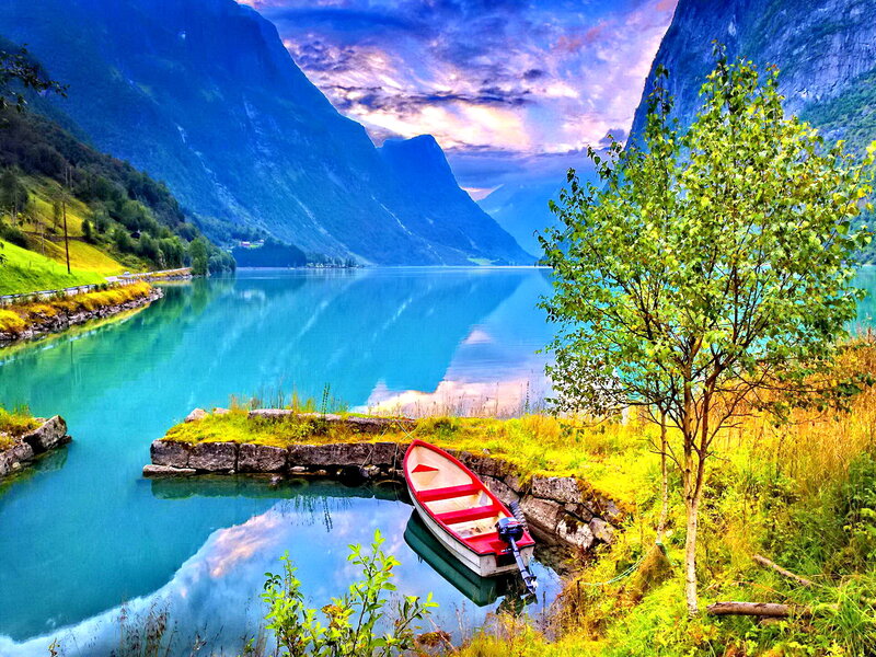 Red Boat on Lake — Blue, Serene, Sunset