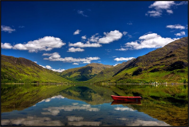 Red Boat on Lake — Blue, Serene