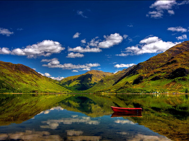 Red Boat on Lake — Blue