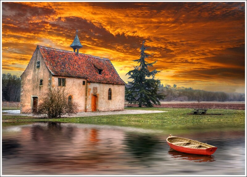 Red Boat on Lake — Orange, Dramatic, Sunset
