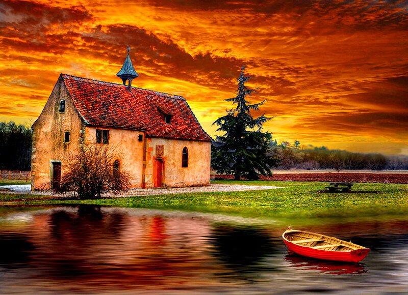 Red Boat on Lake — Orange, Dramatic