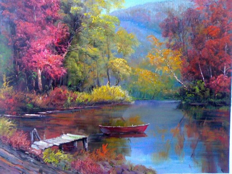 Red Boat on Lake — Serene