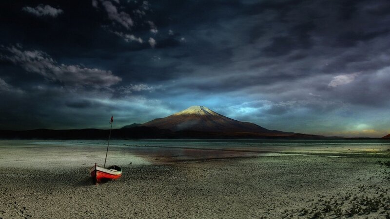 Red Boat on Shore — Dark Blue