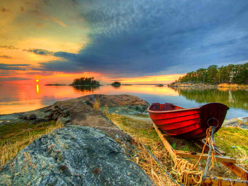 Red Boat on Shore — Dramatic