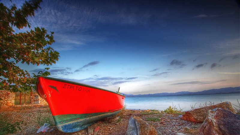 Red Boat on Shore — Serene