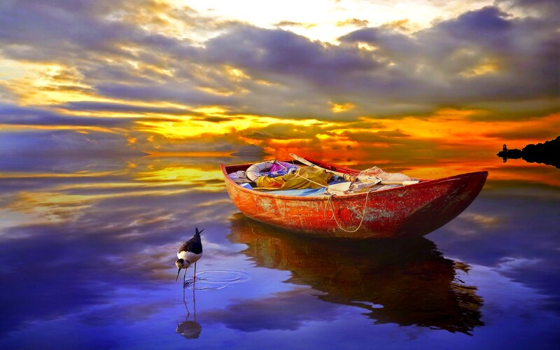 Red Boat on Water — Blue, Dramatic