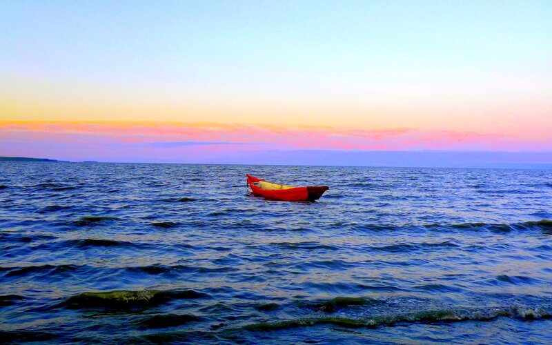 Red Boat on Water — Blue