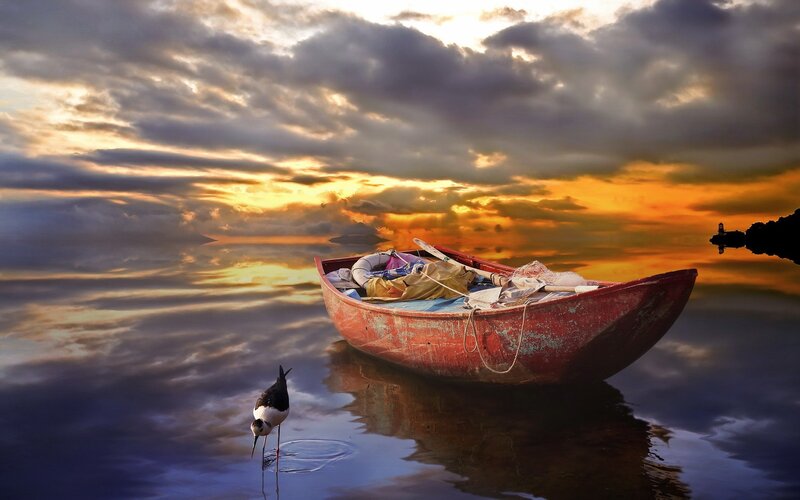 Red Boat on Water — Orange, Dramatic, Sunset, Photograph, Bird, Clouds