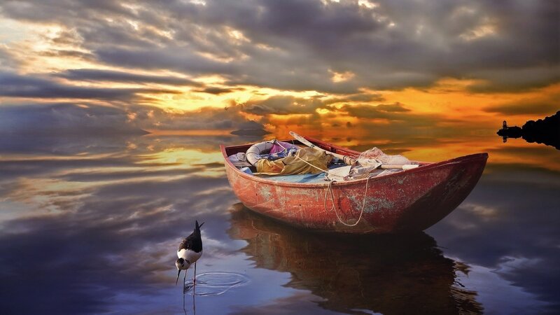 Red Boat on Water — Orange, Dramatic, Sunset, Photograph