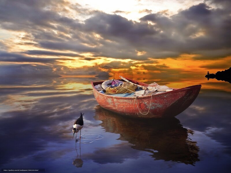 Red Boat on Water — Orange, Dramatic, Sunset