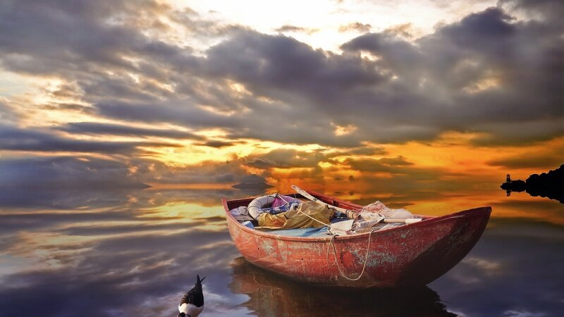 Red Boat on Water — Orange, Dramatic