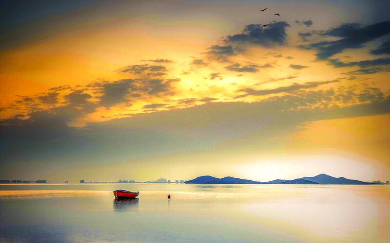 Red Boat on Water — Yellow