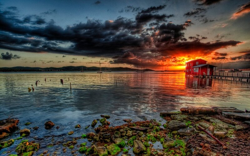 Red Boathouse at Sunset — Orange