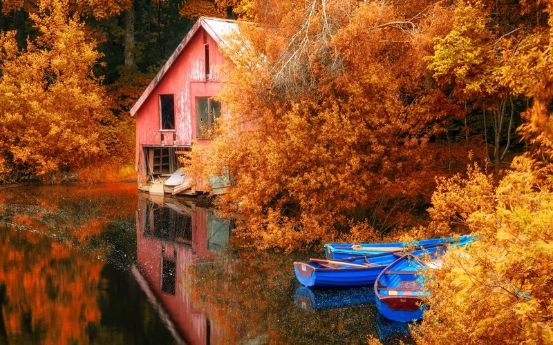 Red Boathouse in Autumn