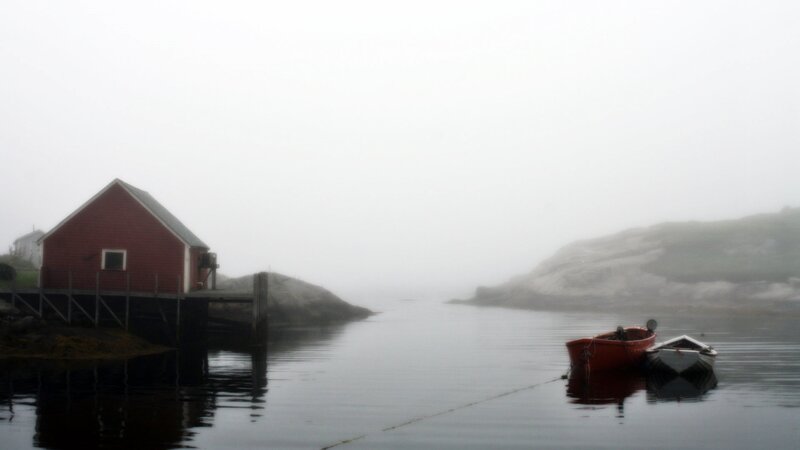 Red Boathouse in Fog