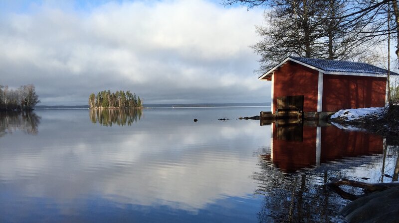 Red Boathouse on Lake — Blue, Serene