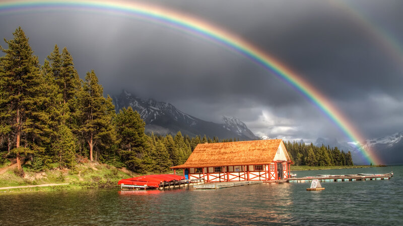 Red Boathouse on Lake — Green