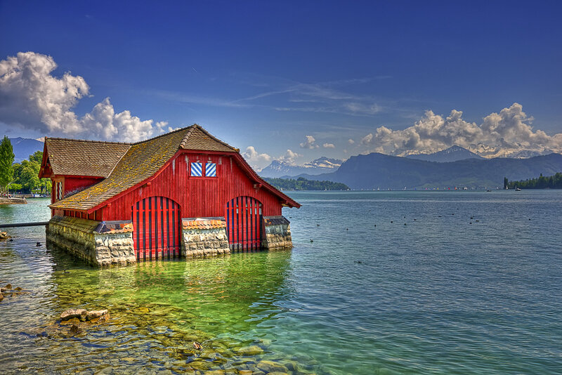 Red Boathouse on Lake