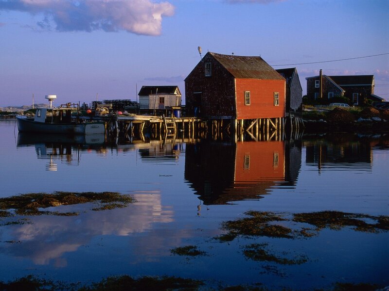 Red Boathouse on Water — Blue