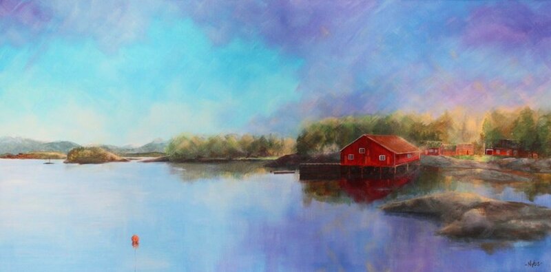 Red Boathouse on Water
