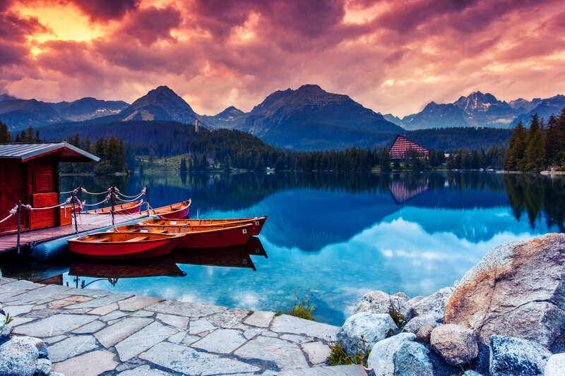 Red Boats at Lake Dock — Blue, Dramatic