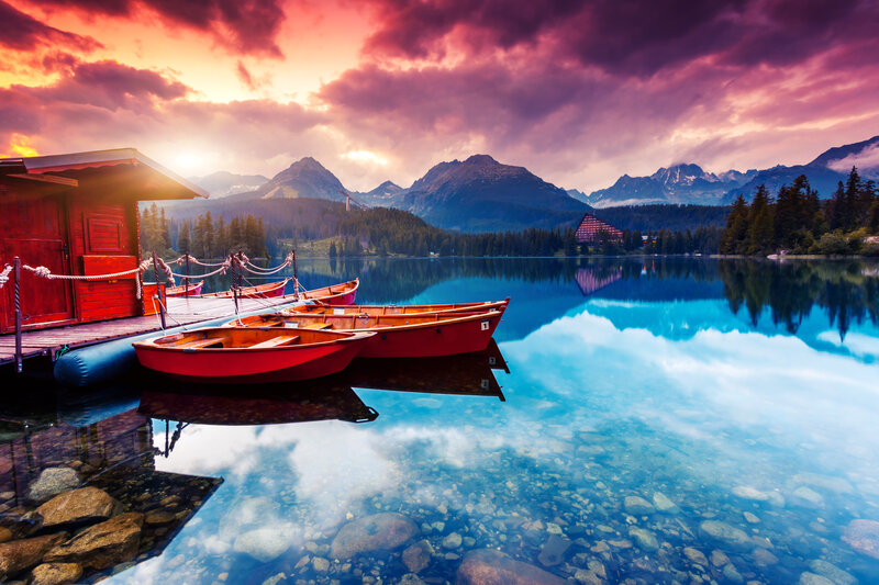 Red Boats at Lake Dock — Blue