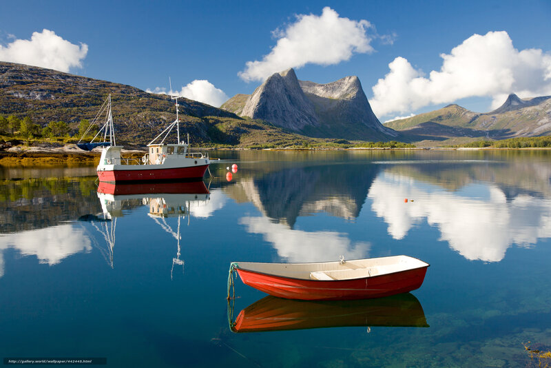 Red Boats in Fjord — Blue