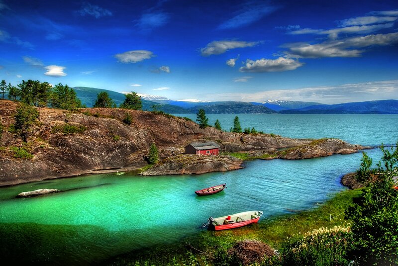 Red Boats in Fjord