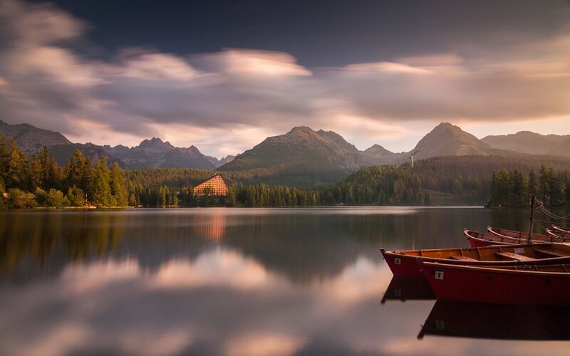 Red Boats on Lake — Blue, Serene, Sunset, Photograph, Mountains