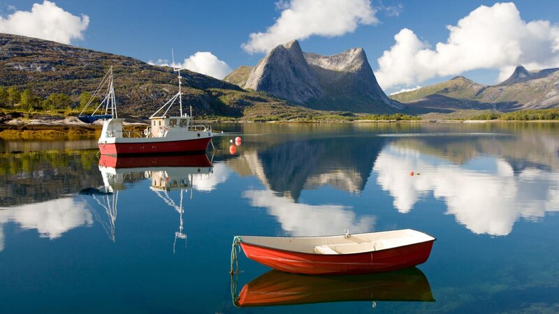 Red Boats on Lake — Blue, Serene