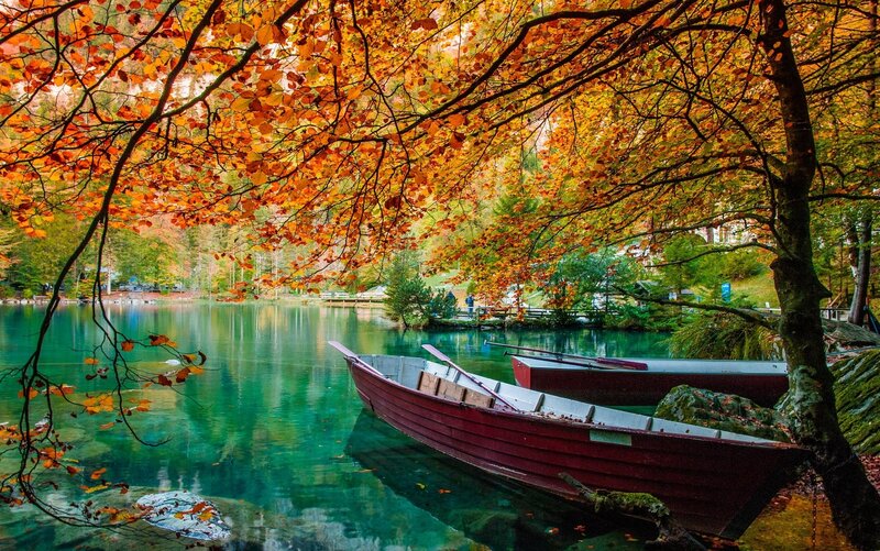 Red Boats on Lake — Orange, Serene