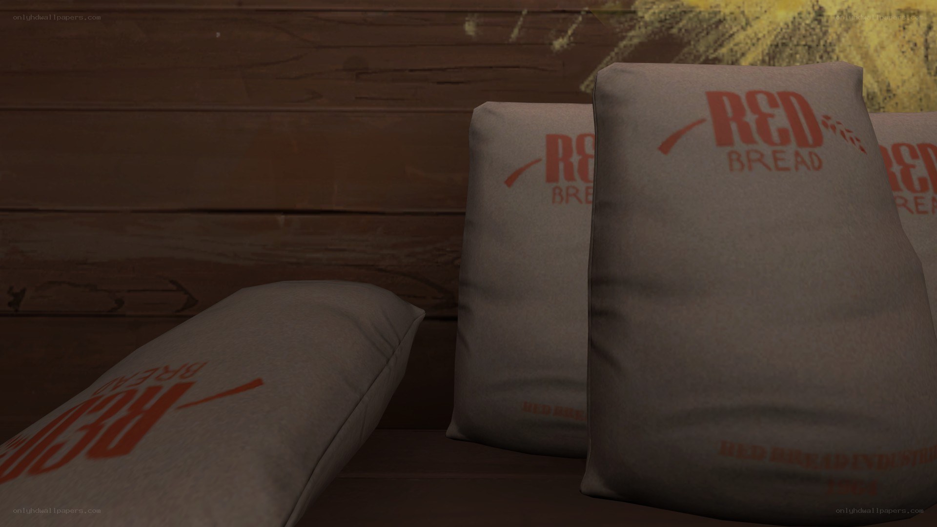 Red Bread sacks on wood