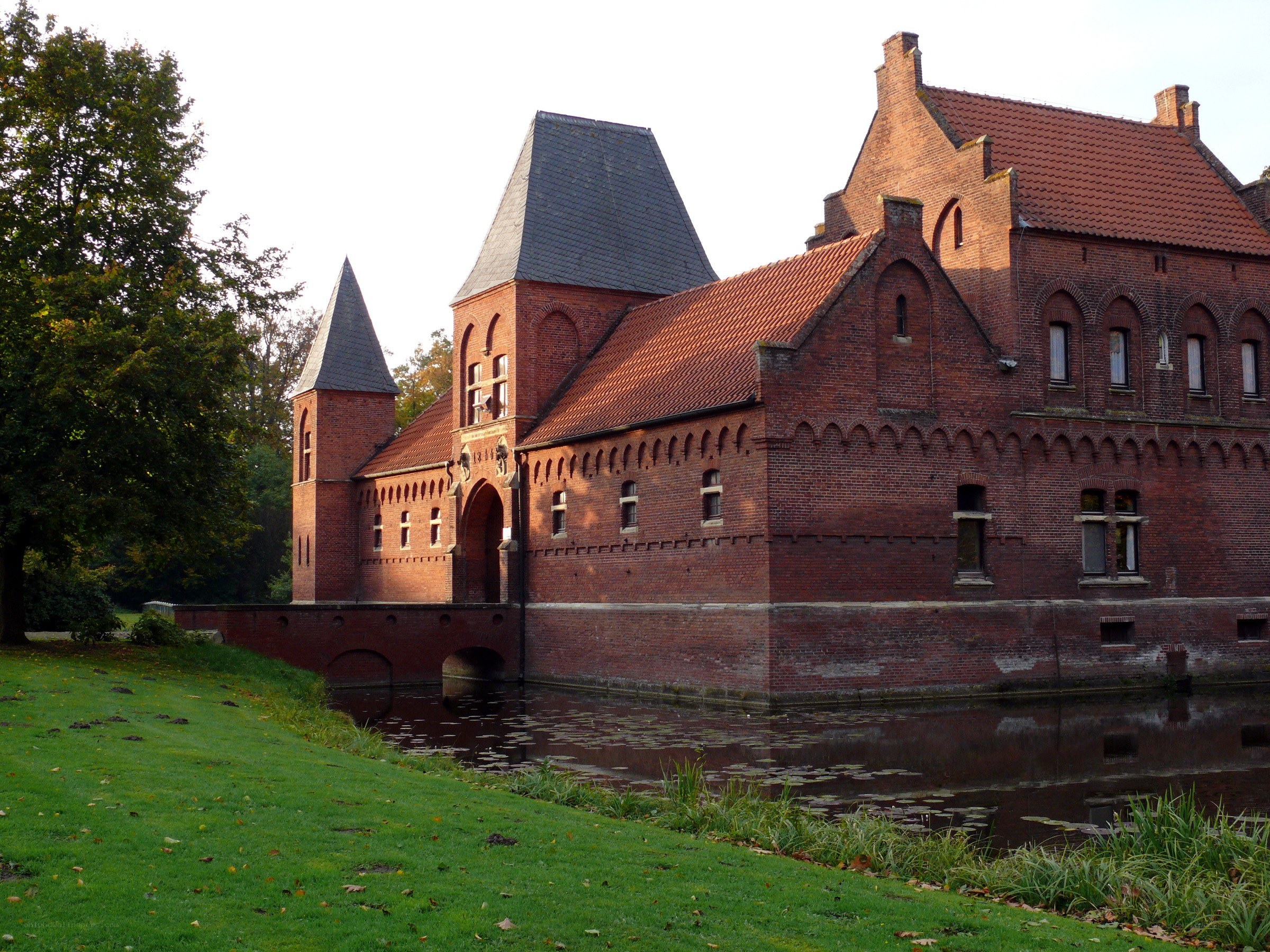 Red brick castle with moat