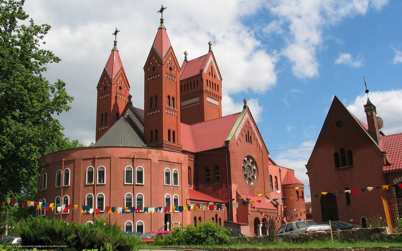 Red brick church with towers