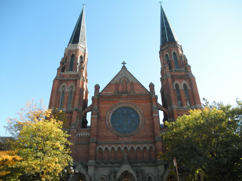 Red brick church with twin spires