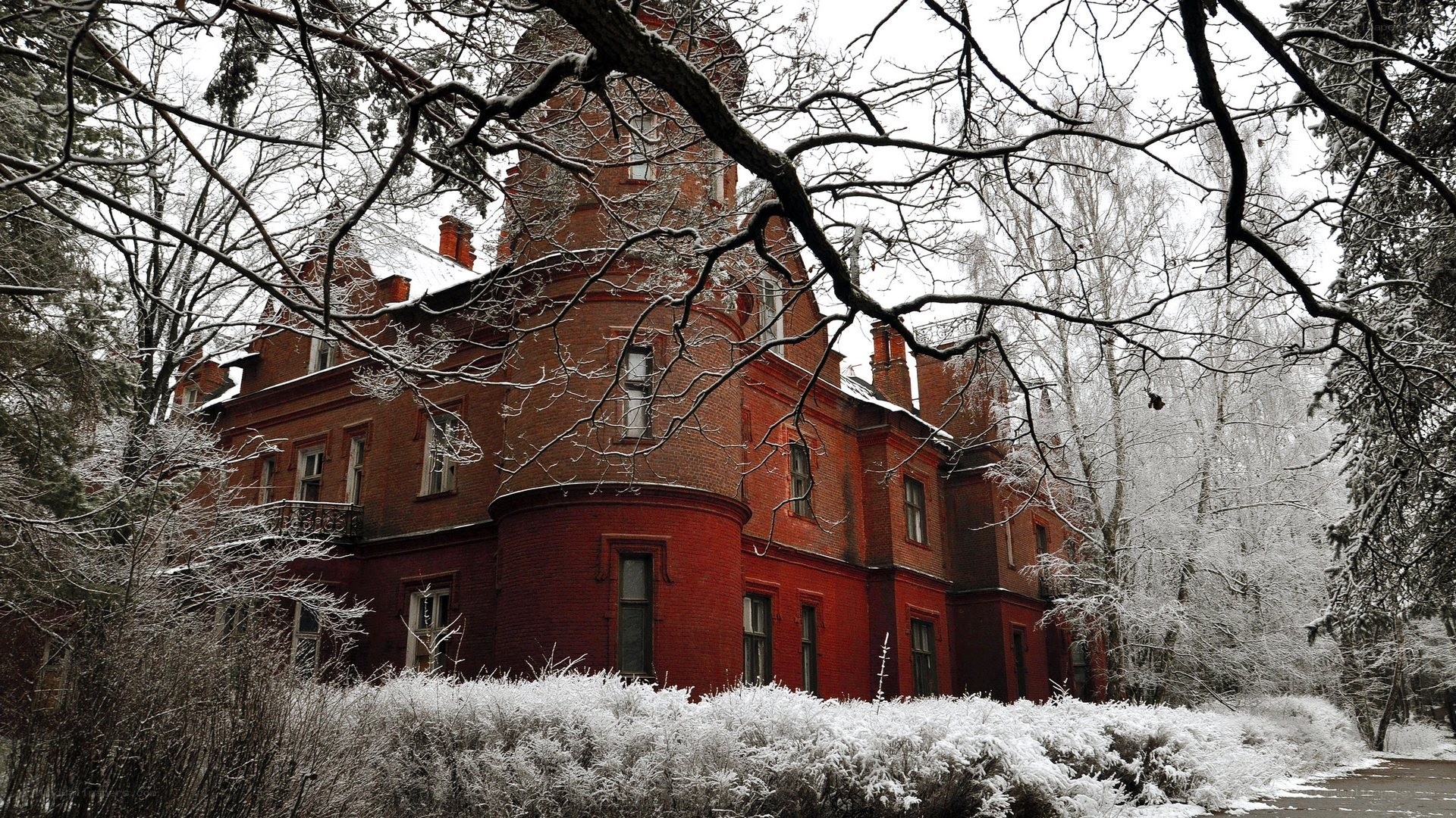 Red brick house in winter