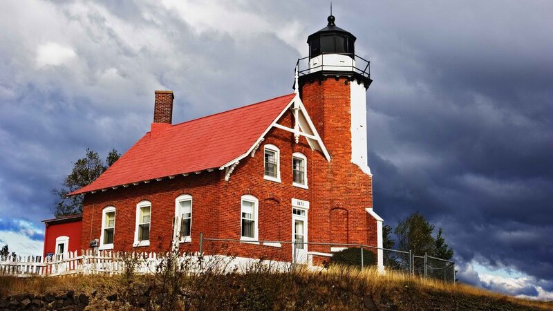 Red Brick Lighthouse — Dramatic, Photograph