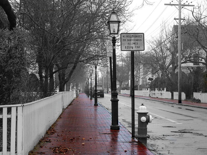 Red brick sidewalk in a quiet town