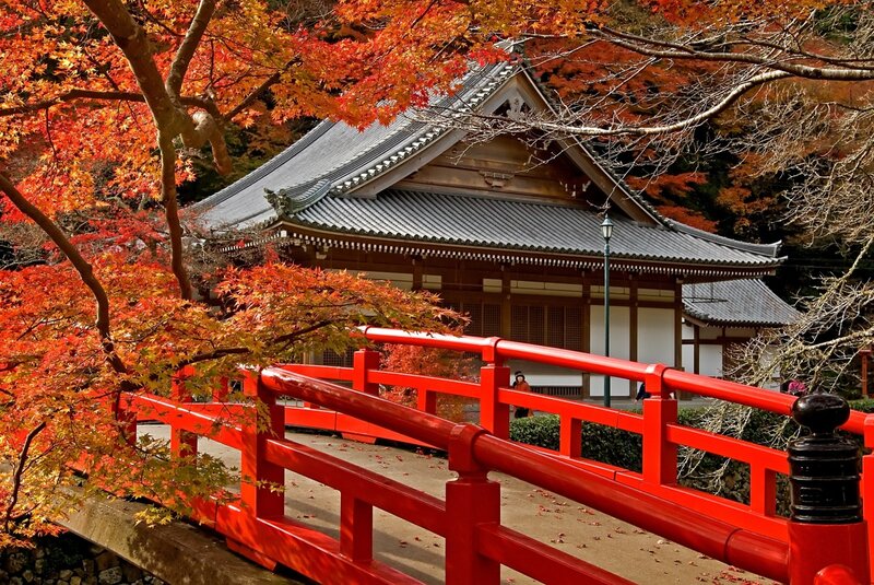 Red Bridge and Temple — Serene, Autumn, Photograph